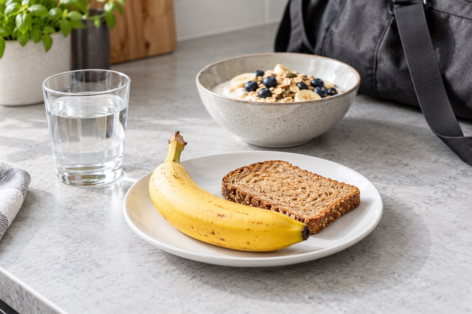 Banan og brød som lille måltid med en større morgenmad i baggrunden