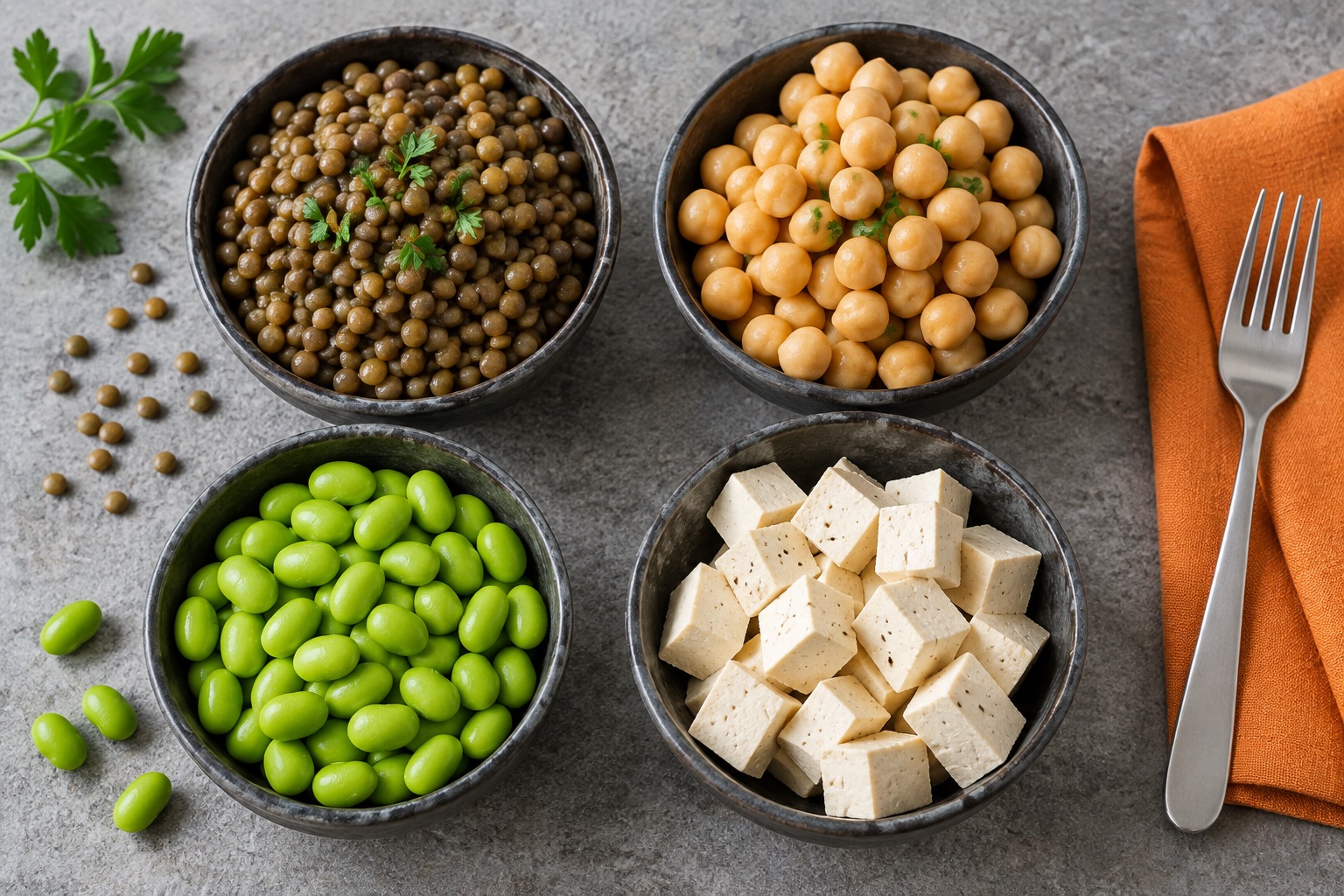 Skåle med linser, kikærter, edamame og tofu på et gråt køkkenbord