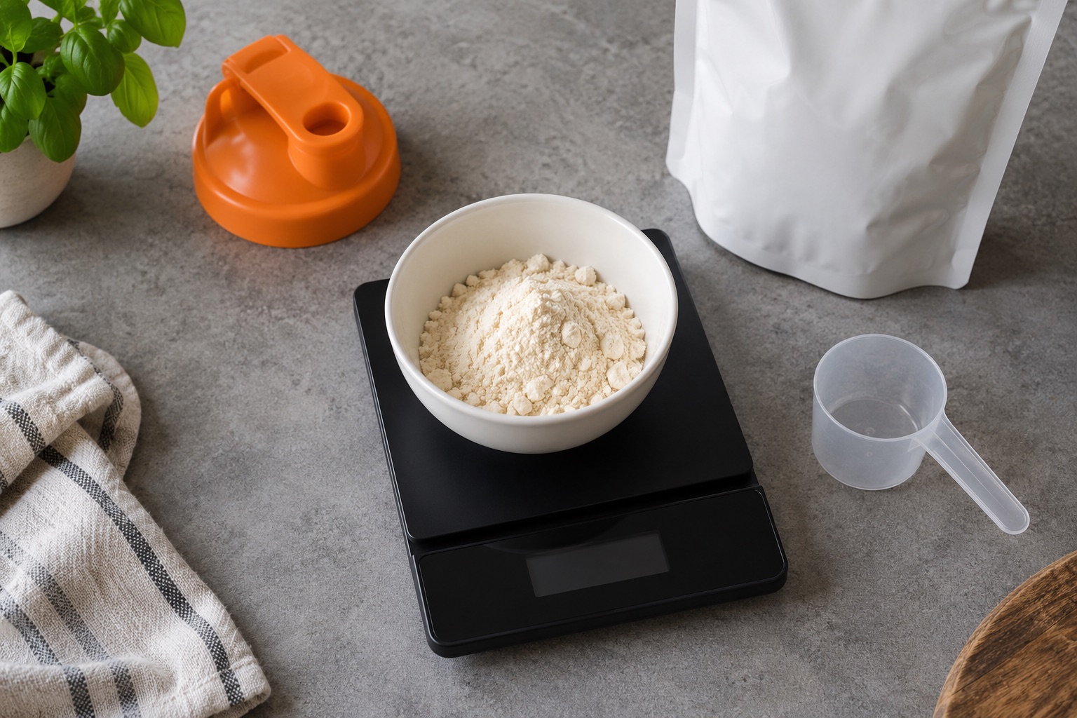 Skål med proteinpulver på en køkkenvægt ved siden af en måleske og et orange shakerlåg