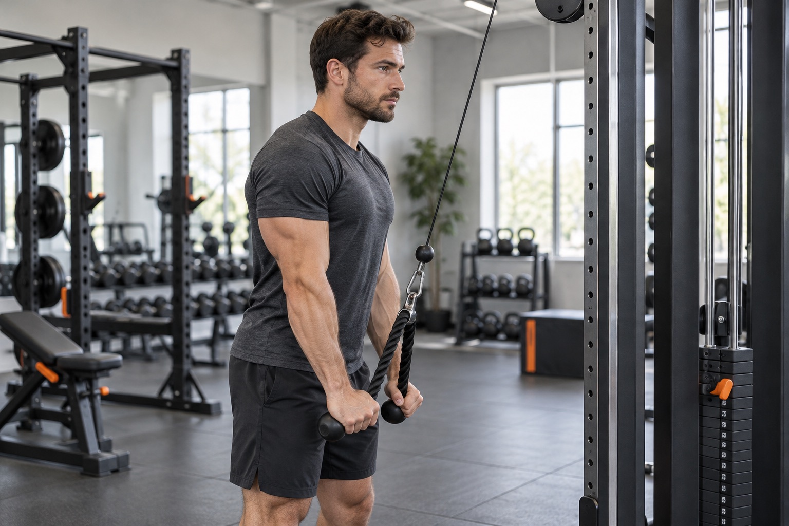 Triceps med kabel: pushdown og overhead extension